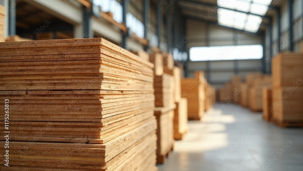 Fototapeta premium Stacks of wooden planks in a warehouse with natural lighting