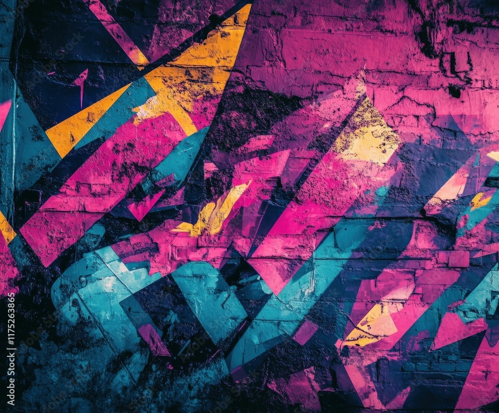 Fototapeta premium Colorful urban mural featuring abstract geometric shapes on brick wall