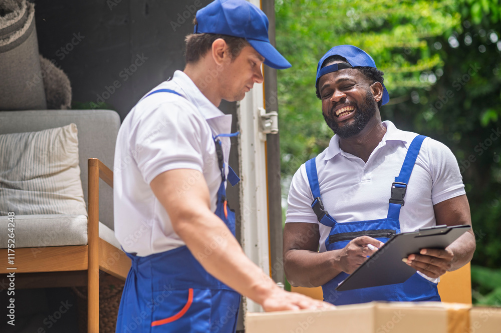 Happy service team of delivery worker working load customer boxes from truck and makes inventory of packed boxes and writes data to clipboard with smile confident and professional service