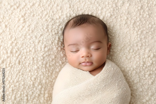 Serene Newborn Baby Portrait with Cozy Swaddle and Delicate Pastel Backdrop photo