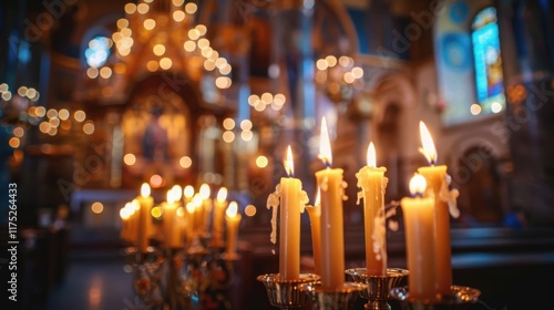 Candles glow warmly in a serene church lighting the sacred space