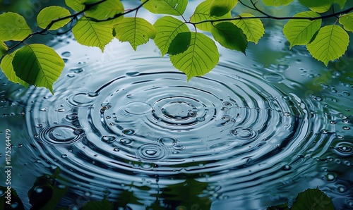 小雨绿叶水面雨滴涟漪水波纹下雨背景 photo