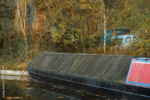 Digital painting of a narrowboat moored on the Caldon canal near Froghall during autumn. photo