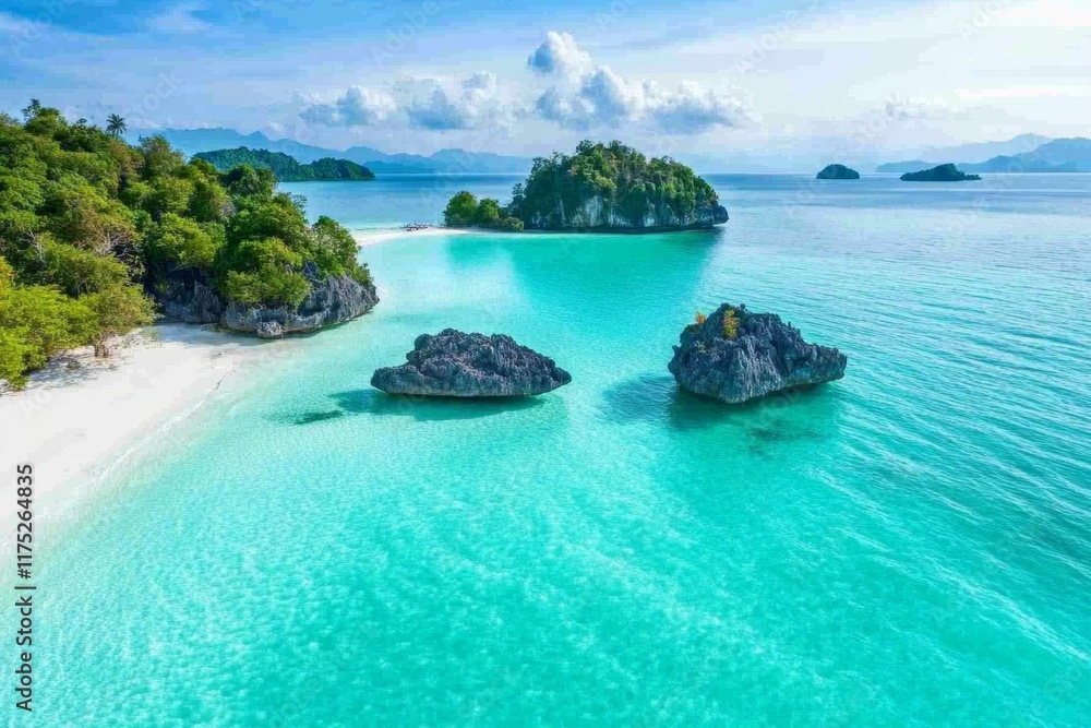 Fototapeta premium A drone view of Krabi turquoise waters dotted with small islands, surrounded by vibrant coral reefs