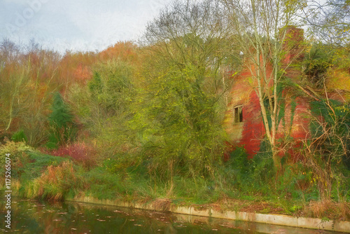 Digital oil painting of the Caldon canal waterway near, Froghall during autumn. photo