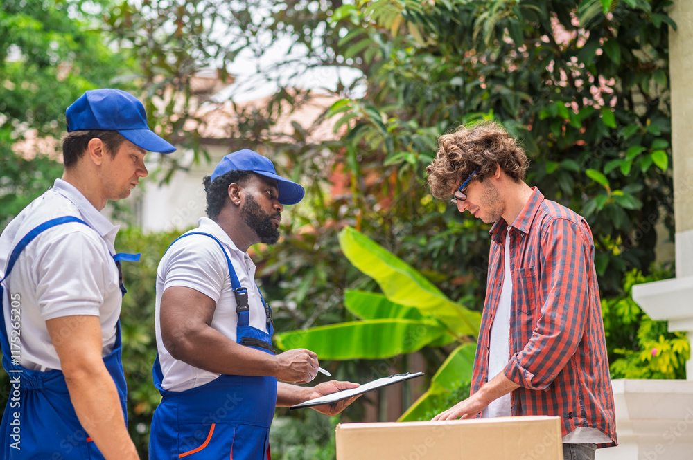 Happy service team of delivery worker working load customer boxes from truck and makes inventory of packed boxes and writes data to clipboard with smile confident and professional service