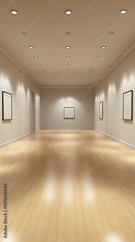 Obraz premium A minimalist gallery with smooth, polished floors, neutral walls, and expansive space for showcasing products and adding text