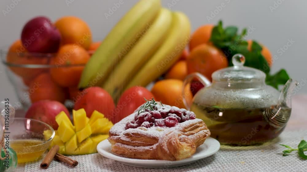 cherry pie powdered sugar Sweet pastries, puff pastries with pears, on a wooden table cherry pie powdered sugar Sweet pastries, puff pastries with pears, on a wooden table