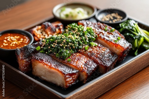 A fresh plate of bossam (boiled pork belly) served with napa cabbage leaves, garlic, and ssamjang sauce photo