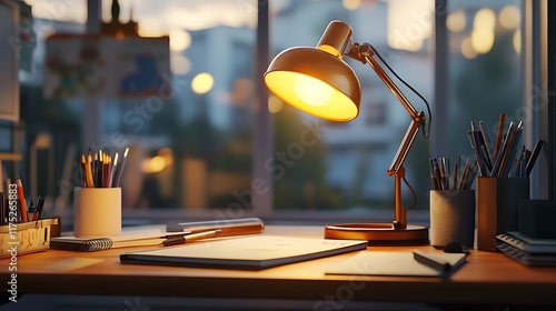 Desk Lamp Illuminates Evening Workspace With Art Supplies