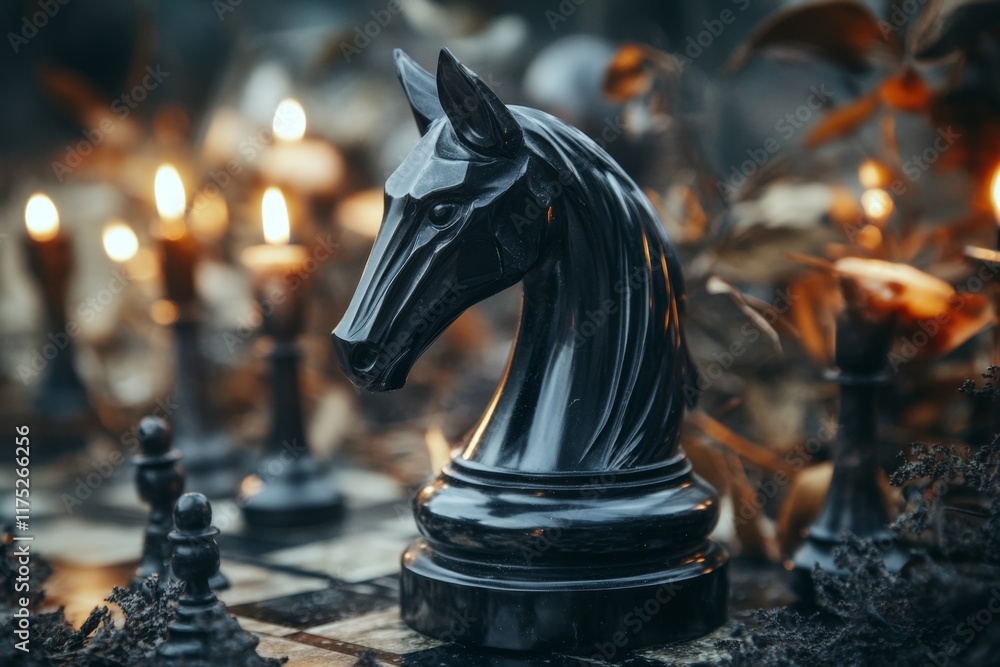 A gothic chess knight carved from black obsidian, surrounded by flickering candles and eerie shadows A gothic chess knight carved from black obsidian, surrounded by flickering candles and eerie shadows