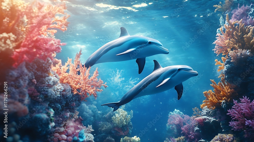 Fototapeta premium Oceanic Symphony: Two Dolphins Gracefully Glide Through Vibrant Coral Reef