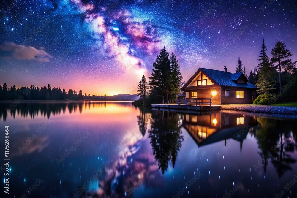 Fototapeta premium Starry Night Lake Reflection, Misty Night Landscape, Architectural Photography