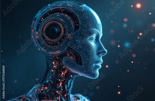 Futuristic female cyborg in side profile with exposed circuitry and glowing connections, metallic human robot hybrid head symbolizing advanced artificial intelligence and high tech innovation 
