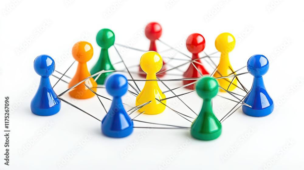 Colorful Game Pieces Connected by Wire in Social Network Concept Colorful Game Pieces Connected by Wire in Social Network Concept