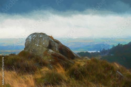 Fotografie Digital oil painting of a bleak winter landscape in the Staffordshire Peak District National Park