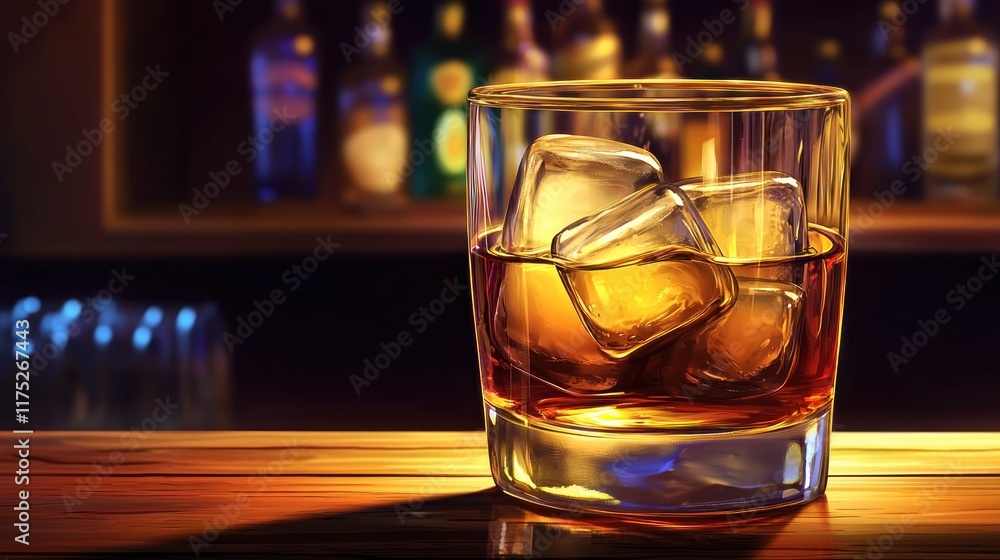 A glass of whiskey with ice on a wooden bar top. A glass of whiskey with ice on a wooden bar top.