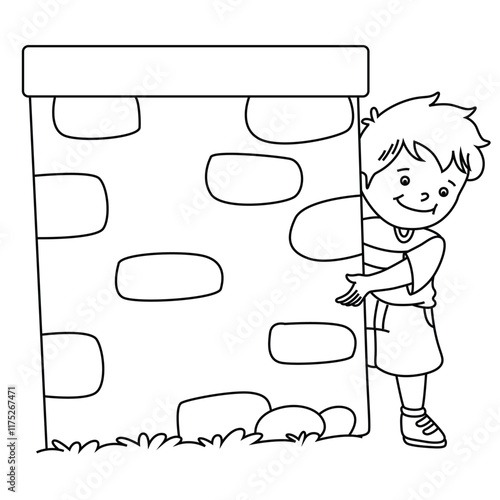 Cute cartoon hand drawn vector boy hide behind wall coloring page.