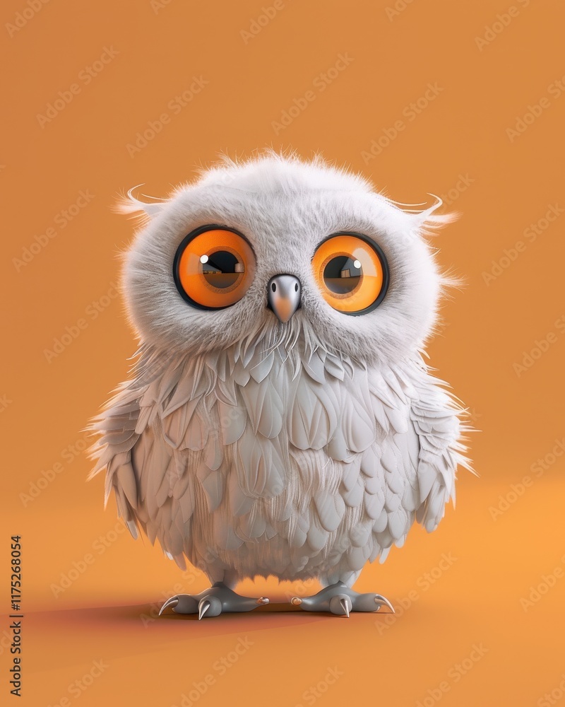 Naklejka premium Adorable Cartoon Owl with Big Orange Eyes on a Vibrant Orange Background
