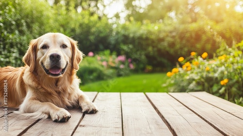 Rustic Wooden Table in Sunlit Garden with Golden Retriever