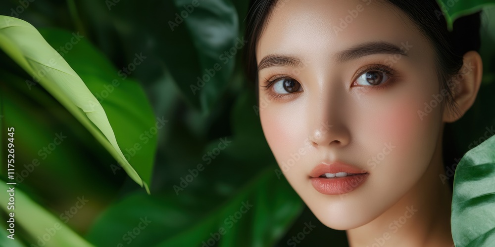 A close-up portrait of a person surrounded by lush green leaves, conveying beauty and nature. (skin care/beauty salon) A close-up portrait of a person surrounded by lush green leaves, conveying beauty and nature. (skin care/beauty salon)