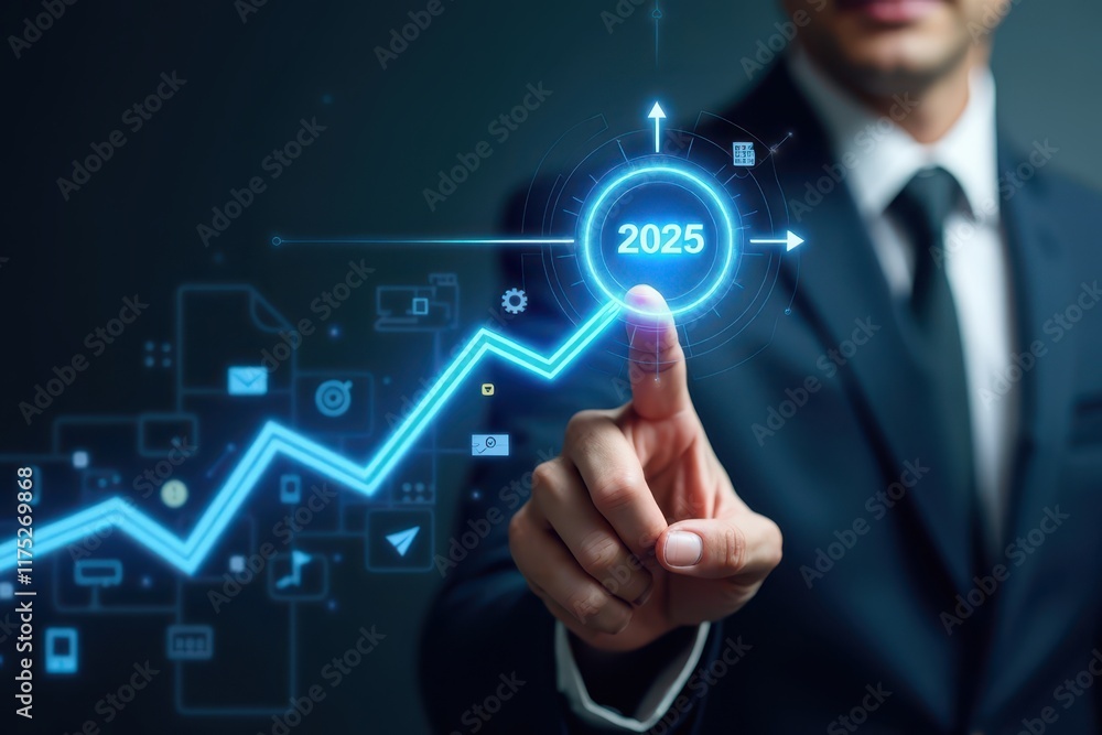 Obraz premium a man in a suit touching a graph with the words 2020