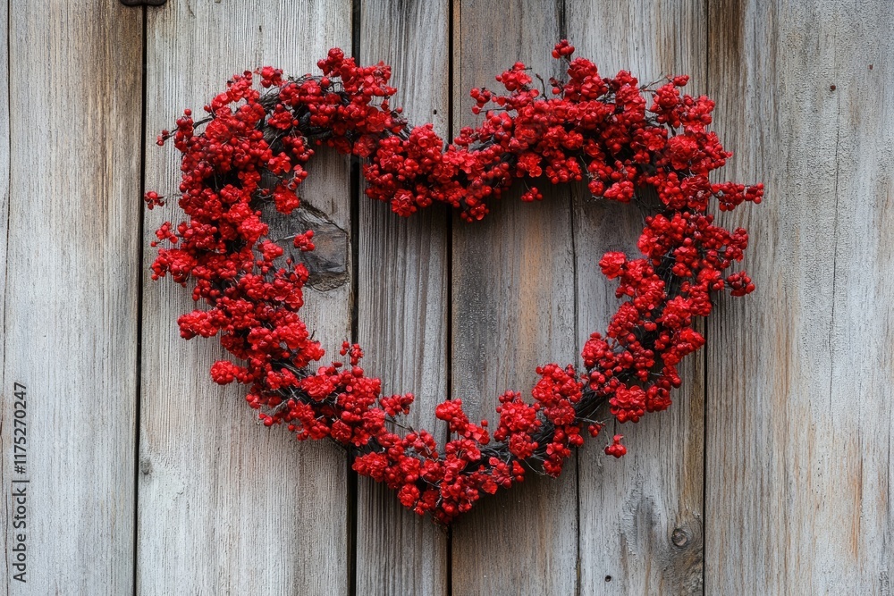 A heart - shaped wreath made of tiny red flowers hanging on a rustic wooden door Valentine’s Day card A heart - shaped wreath made of tiny red flowers hanging on a rustic wooden door Valentine’s Day card