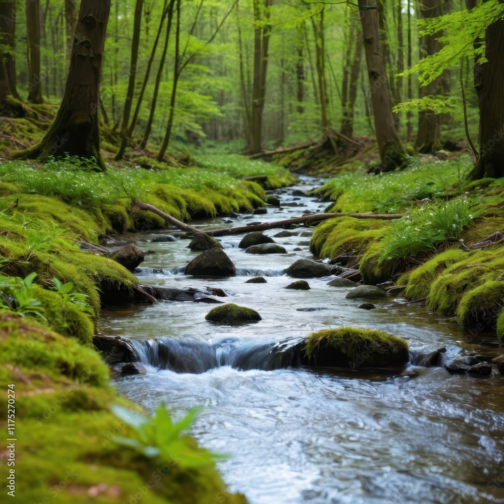 a stream runs through a lush green forest a stream runs through a lush green forest