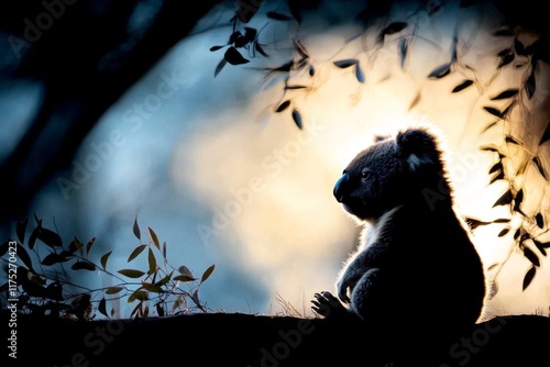 A koala silhouetted against the moonlit sky, sitting peacefully in the branches of a tall tree photo