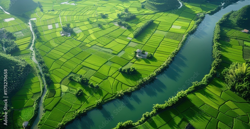 Fototapeta premium 航拍绿色稻田梯田河流自然生态背景