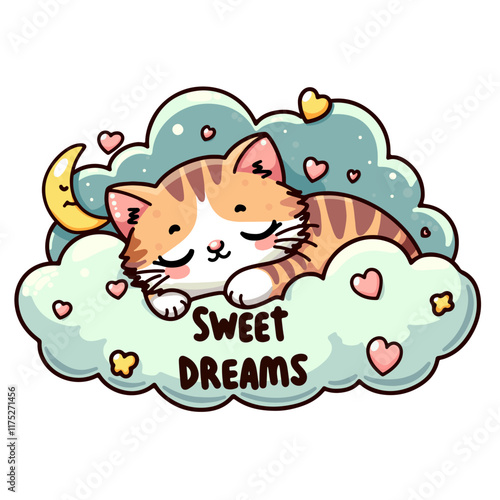 Sticker little ginger kitten sleeping in clouds near to moon, hearts and sweet dreams inscription. Hand drawn image.