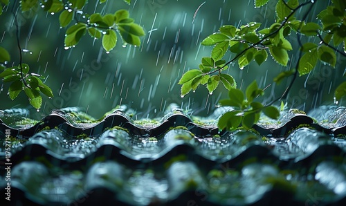 阴雨天屋顶瓦片春天树叶宁静自然背景 photo