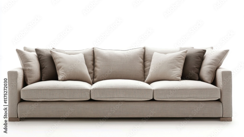 Fototapeta premium Cozy and Modern Beige Sofa with Plush Cushions Perfect for Stylish Living Room Decor and Comfortable Seating Arrangement in a Contemporary Home Setting