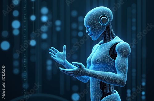 Futuristic humanoid robot with glowing digital circuits