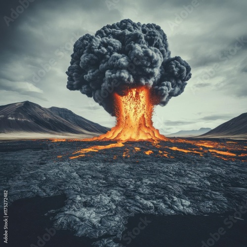Obliterated landscapes after a massive eruption, volcano eruption destruction, devastating force, abstrack background, no blur, photo not dark, everything is clear, copy space