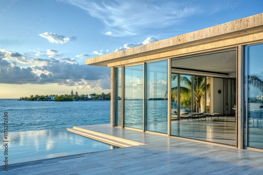 A waterfront villa with large sliding glass doors and frameless corner windows, blending seamlessly with the ocean view A waterfront villa with large sliding glass doors and frameless corner windows, blending seamlessly with the ocean view