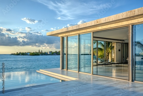 A waterfront villa with large sliding glass doors and frameless corner windows, blending seamlessly with the ocean view photo