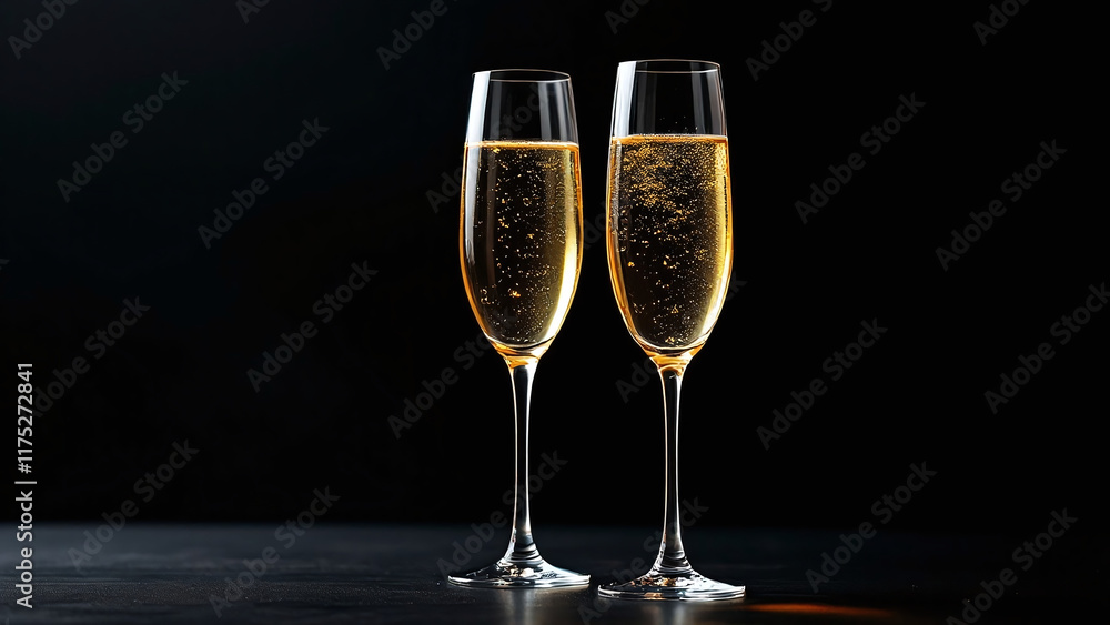 Two sparkling champagne glasses symbolizing celebration and love against a stark black background. Two sparkling champagne glasses symbolizing celebration and love against a stark black background.