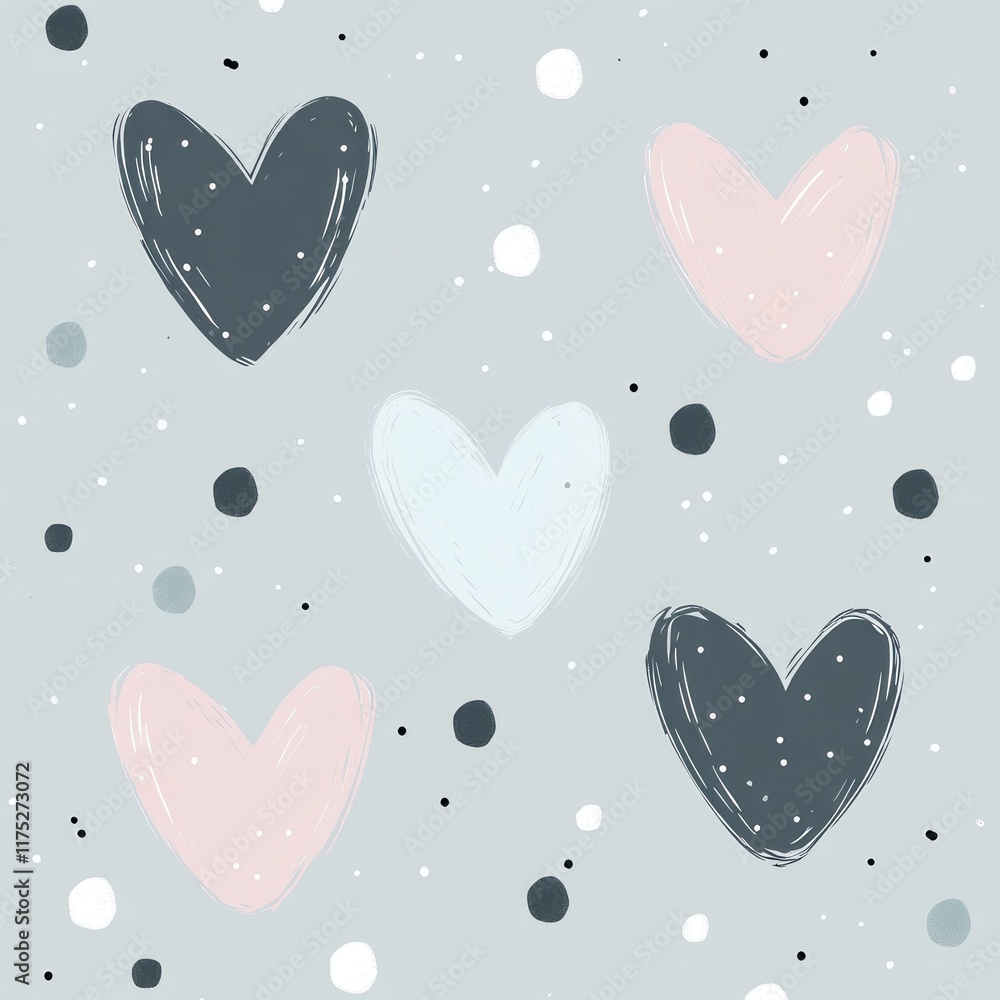 Soft grey background with minimalist hearts and dots in varying sizes. 