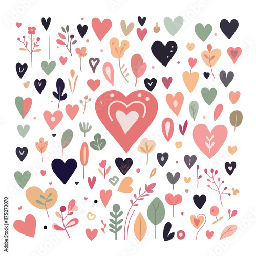 Set of hearts, leaves and flowers, love.