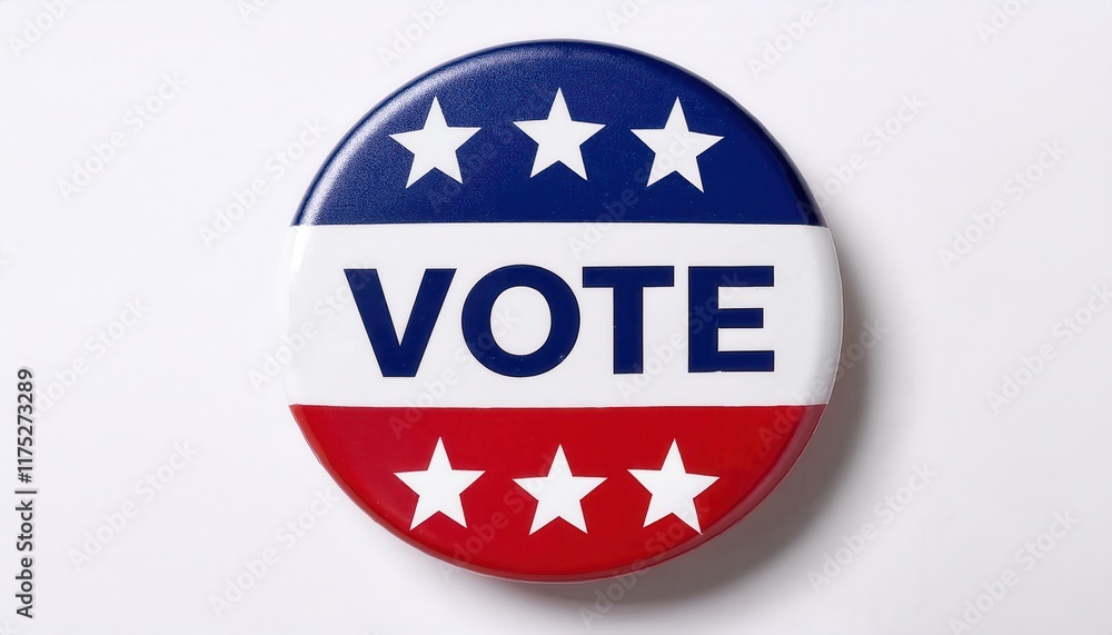 Red, white, and blue political campaign button with bold Red, white, and blue political campaign button with bold