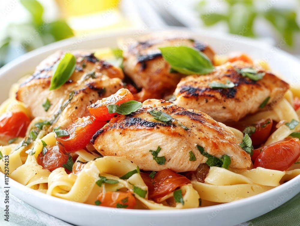 A plate of chicken and pasta with tomatoes and basil A plate of chicken and pasta with tomatoes and basil