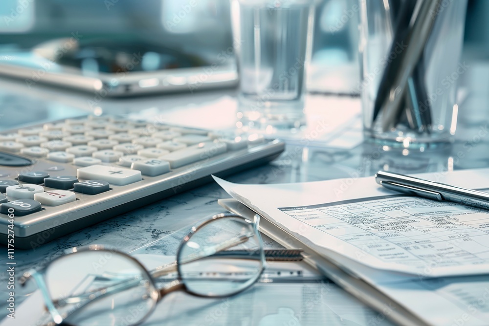 A close-up view of a workspace featuring a calculator, glasses, paper documents, a glass of water, and pens on a desk, emphasizing productivity and organization. A close-up view of a workspace featuring a calculator, glasses, paper documents, a glass of water, and pens on a desk, emphasizing productivity and organization.