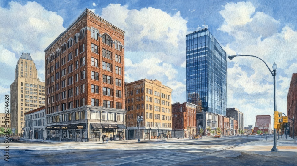A Sunny Day Cityscape Featuring Brick and Glass Buildings A Sunny Day Cityscape Featuring Brick and Glass Buildings