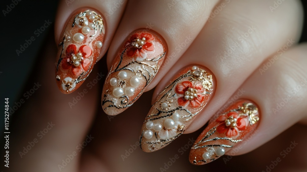 Elegant floral nail design featuring intricate details and embellishments Elegant floral nail design featuring intricate details and embellishments