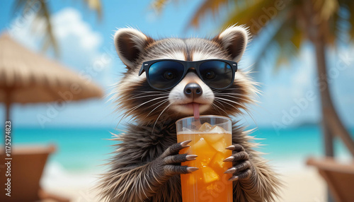 
Adorable raccoon donning shades, holding a beverage, having a great time on vacation, featuring a studio banner with room for text. Stock photo.
 photo