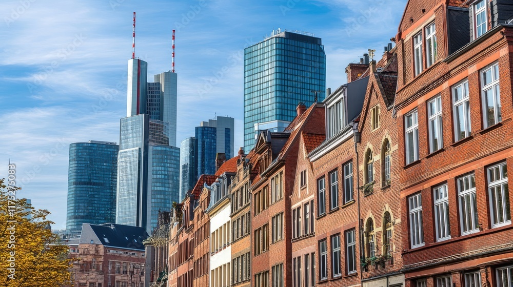 Obraz premium Modern Skyscrapers Rise Above Historic Brick Buildings