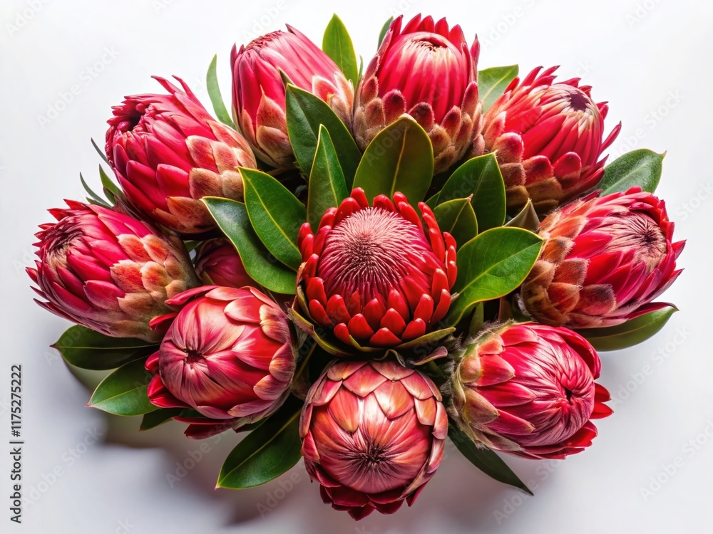 Fototapeta premium Stunning Close-up of Red Protea Flower Bunch Isolated on White Background - Perfect for Design Projects