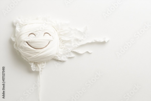 A playful drawing of a knitting project unraveling into the shape of a smiling face on a clean white background photo