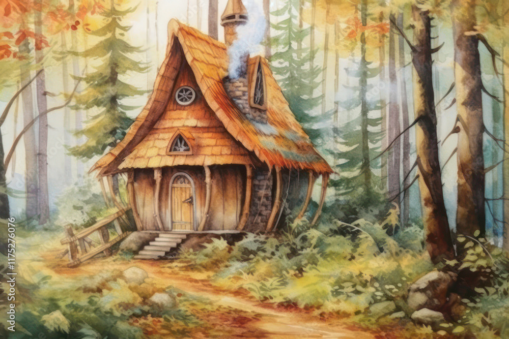a fairy-tale house in the forest, made in watercolor technique. The house has a unique architecture with curved walls and a roof covered with brown tiles. a fairy-tale house in the forest, made in watercolor technique. The house has a unique architecture with curved walls and a roof covered with brown tiles.